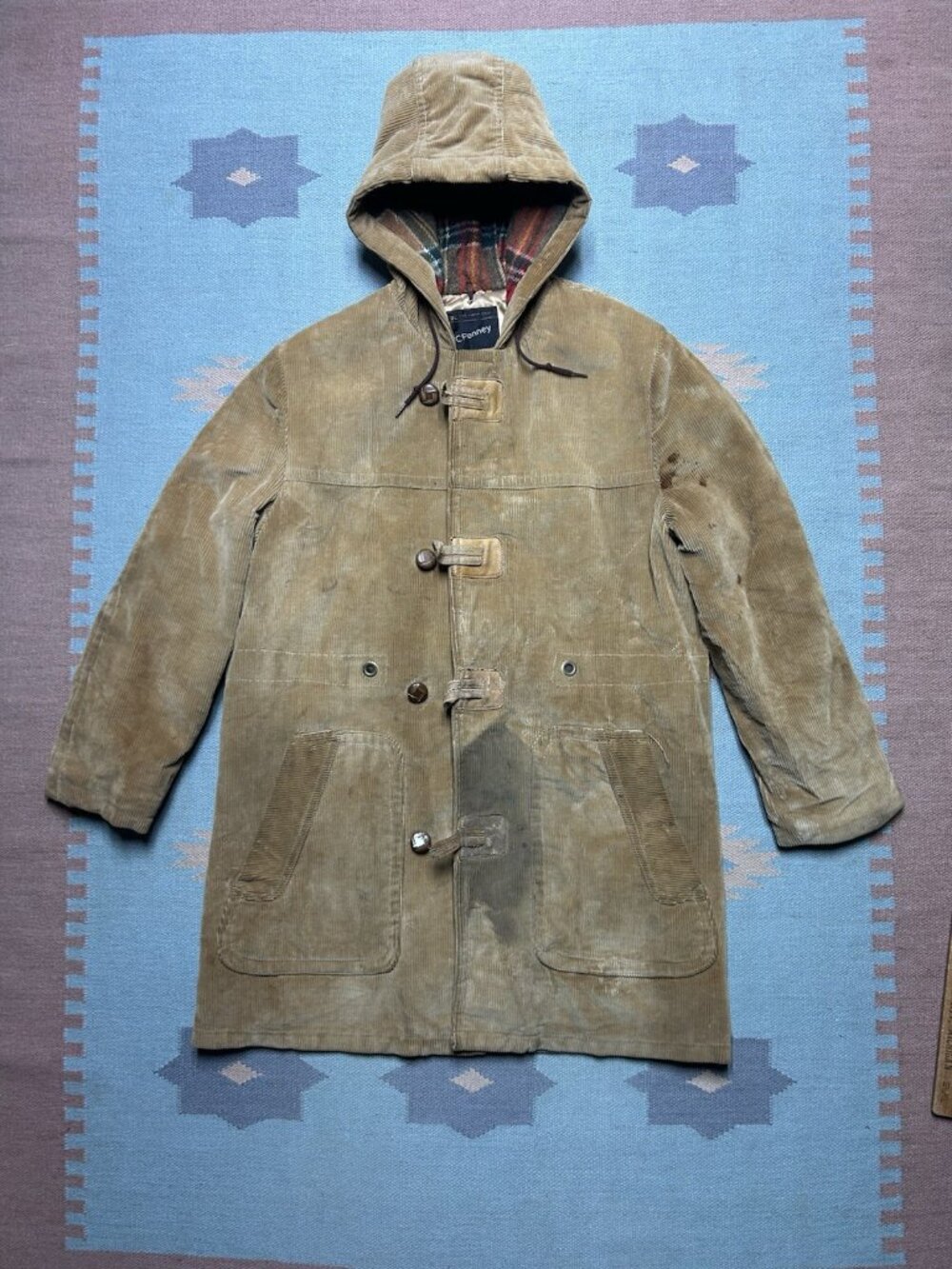 Vintage 70s JCPenney corduroy jacket long coat hooded lined distressed large 42